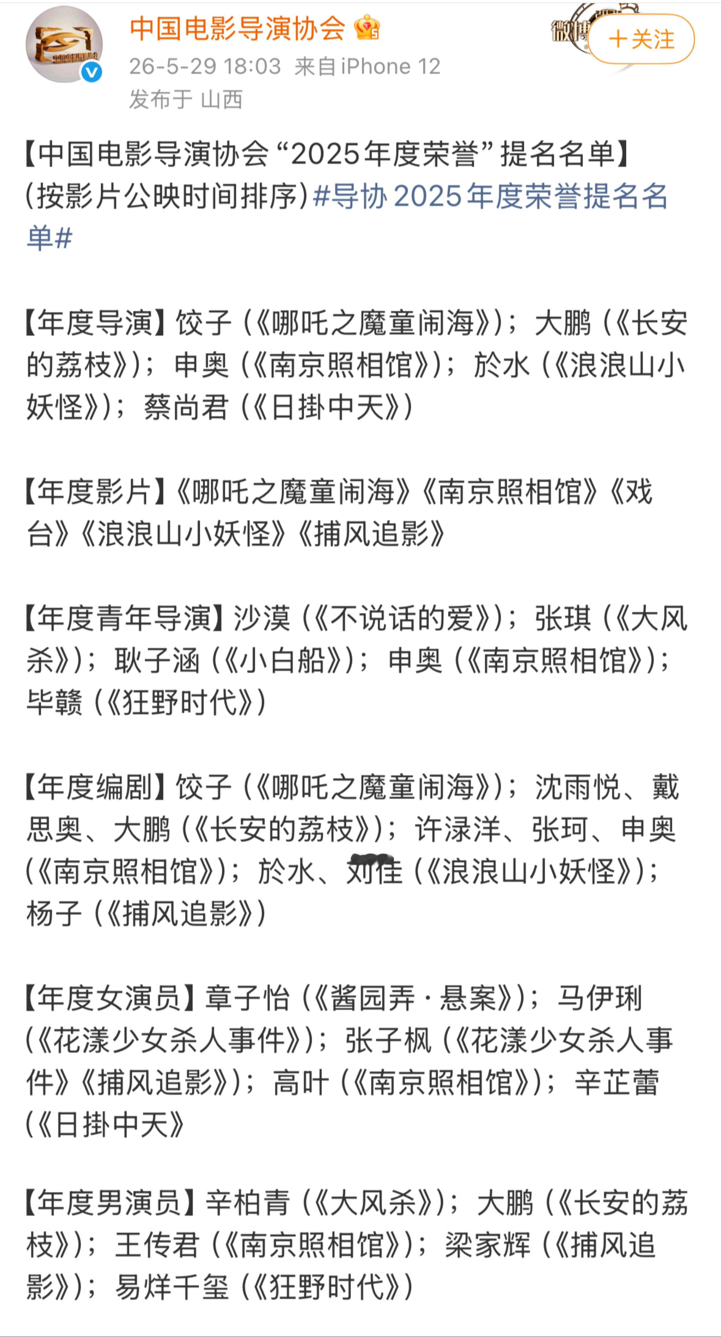 中国导演协会公布正式提名名单，某“影帝”0提。