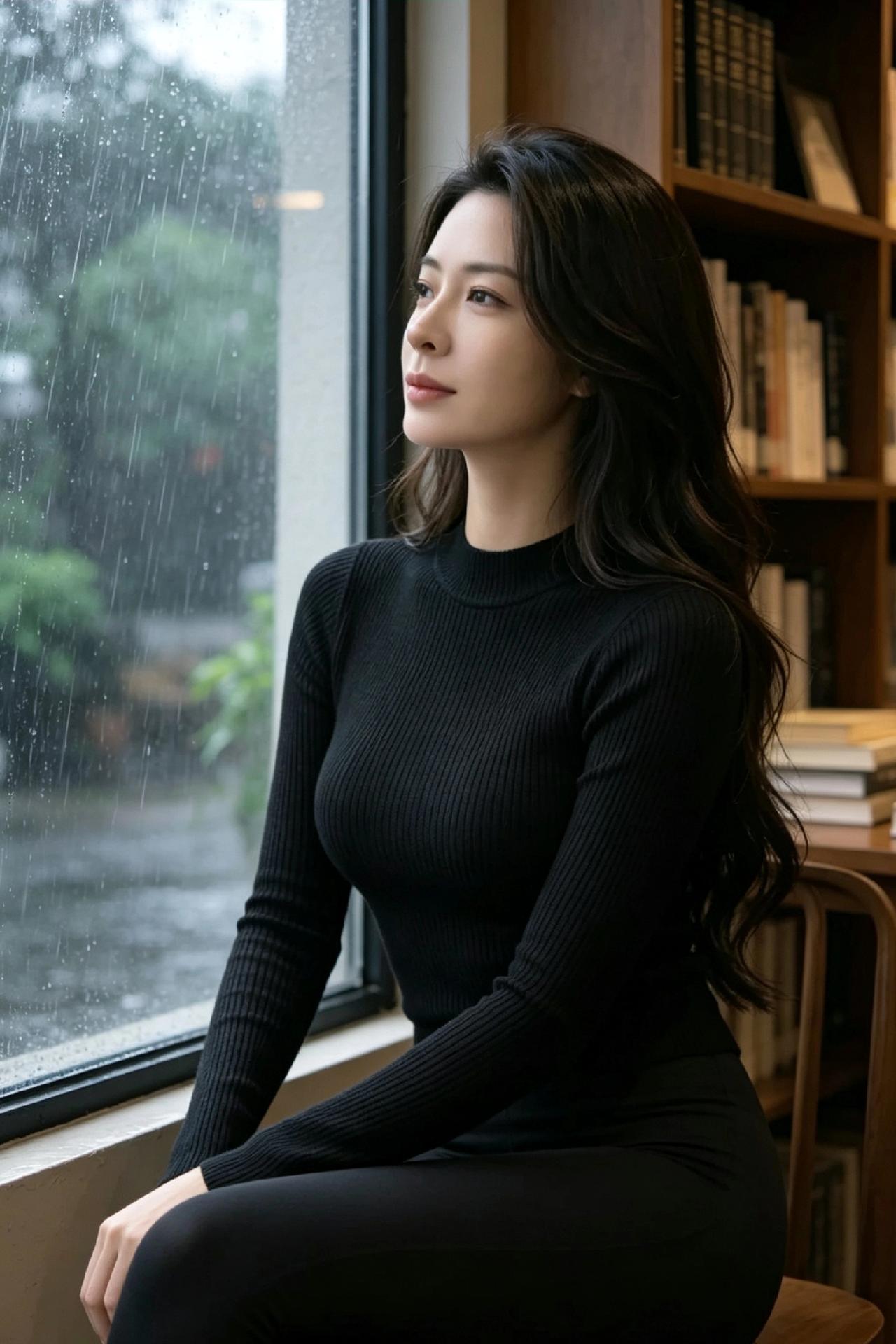 雨中沉思，黑衣女子倚窗而坐，静看窗外风景。