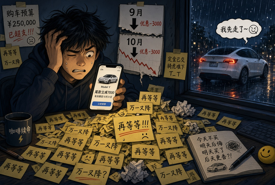 等特斯拉降价的人，可能没想到，等了半个月，优惠反而少了3000元。9月7日，部分ModelY现车优惠