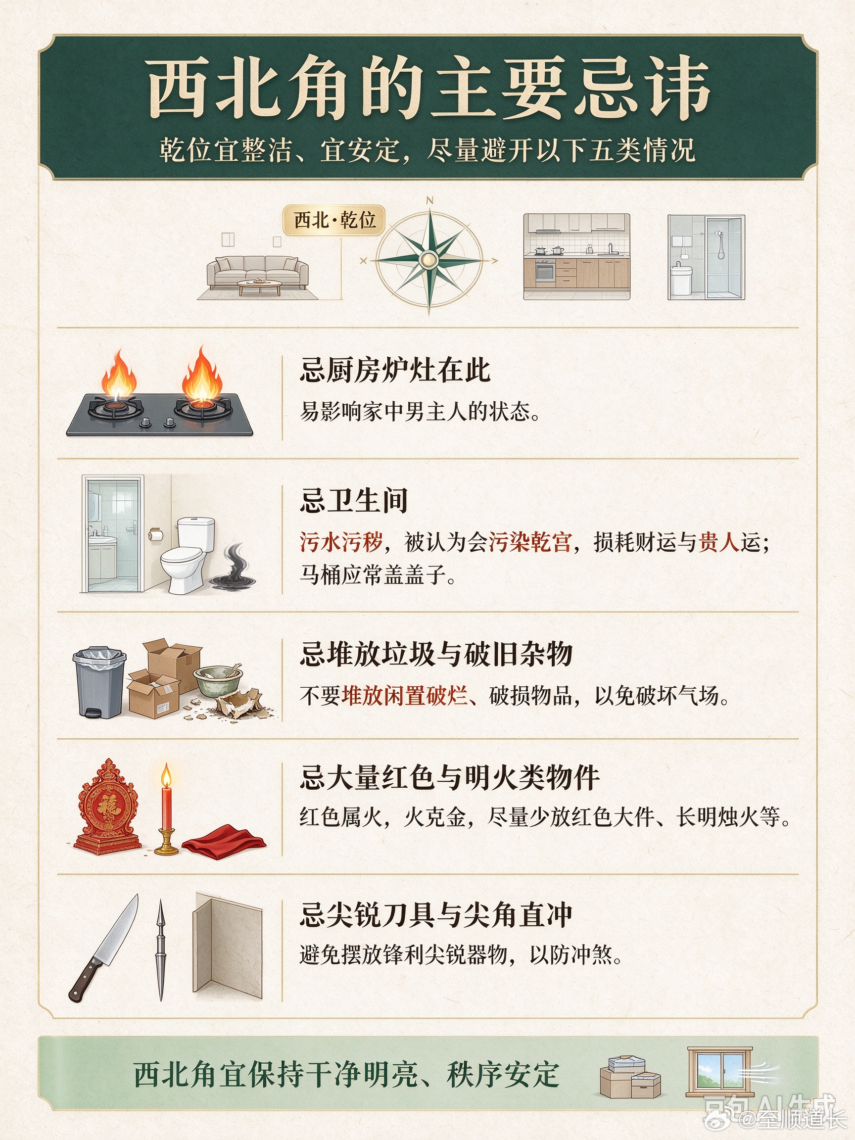 ❌西北角的主要忌讳忌厨房炉灶在此：易影响家中男主人的状态。忌卫生间：污水污秽，被认为会污染乾宫，损耗