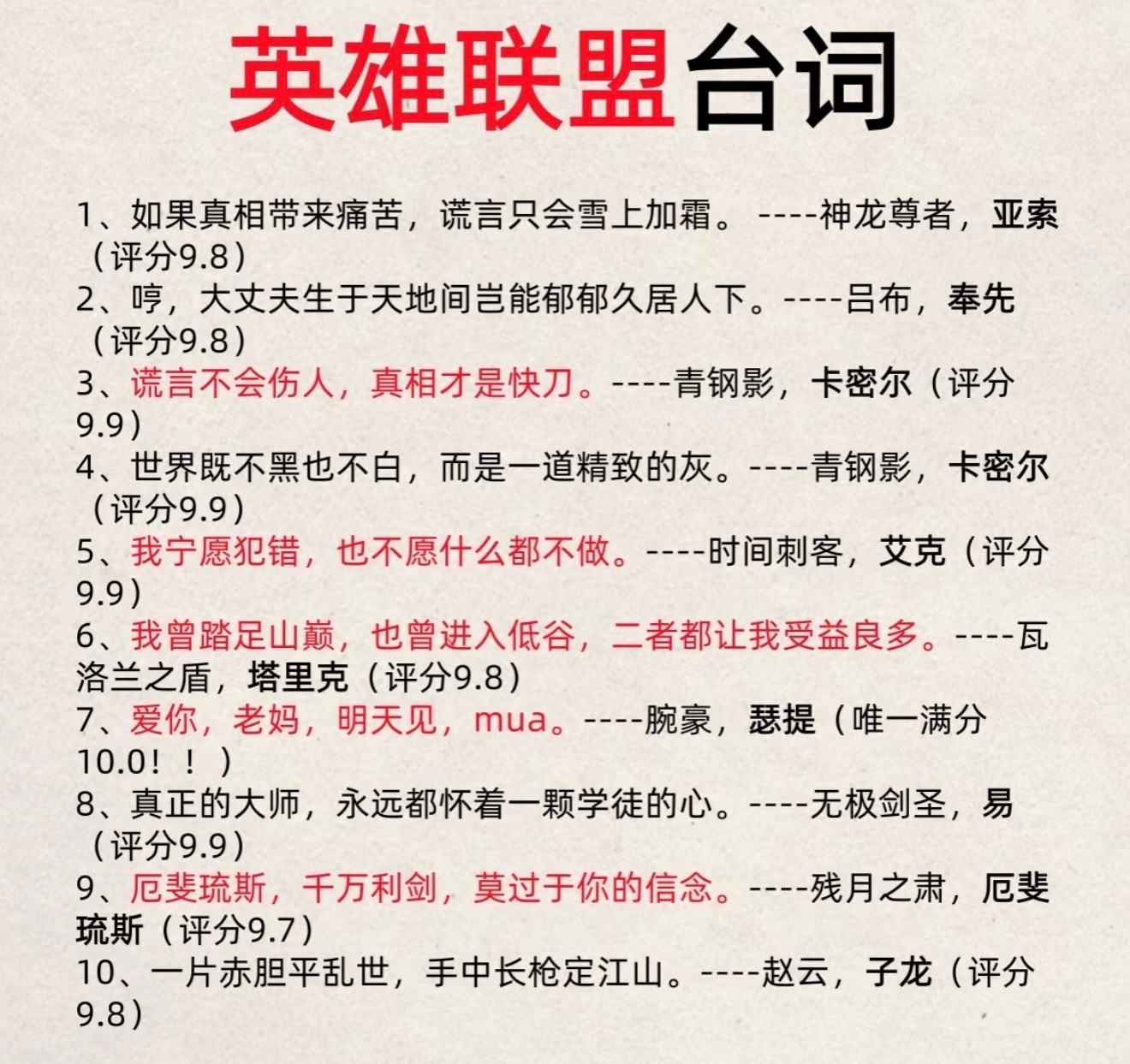 英雄联盟台词评分高分前10名（满分10分）英雄联盟​​​