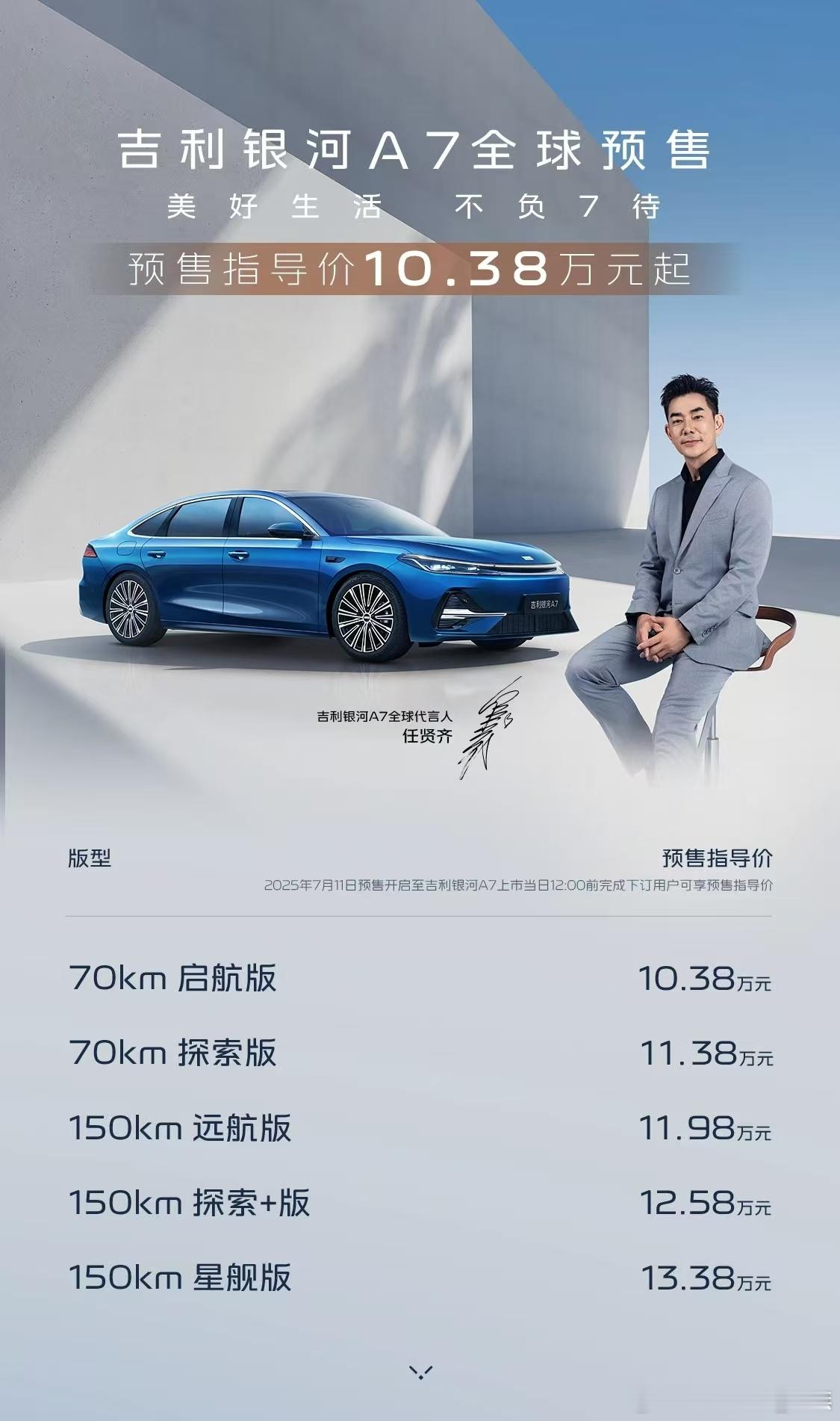 吉利银河A7正式开启预售，新车共推出5款车型，分别为70km启航版指导价10