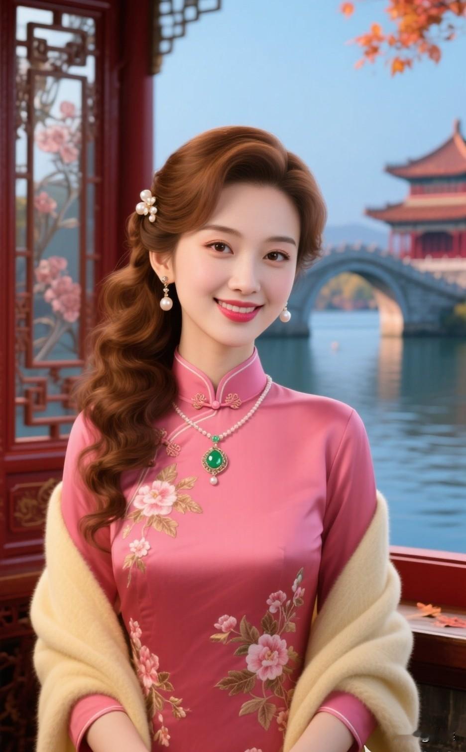 穿越时空的古典美人，粉色的旗袍，优雅的笑容，仿佛来自古代的画卷！江南美女旗袍旗