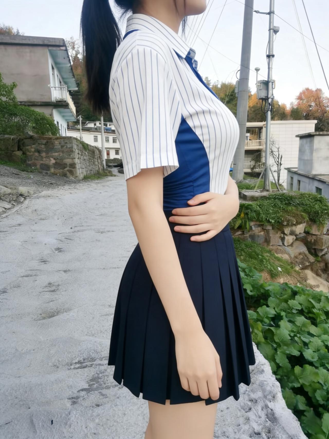 蓝白的制服，框定了一种模样条纹衬衫的规整，百褶裙的制式像被裁剪好的青春，嵌在