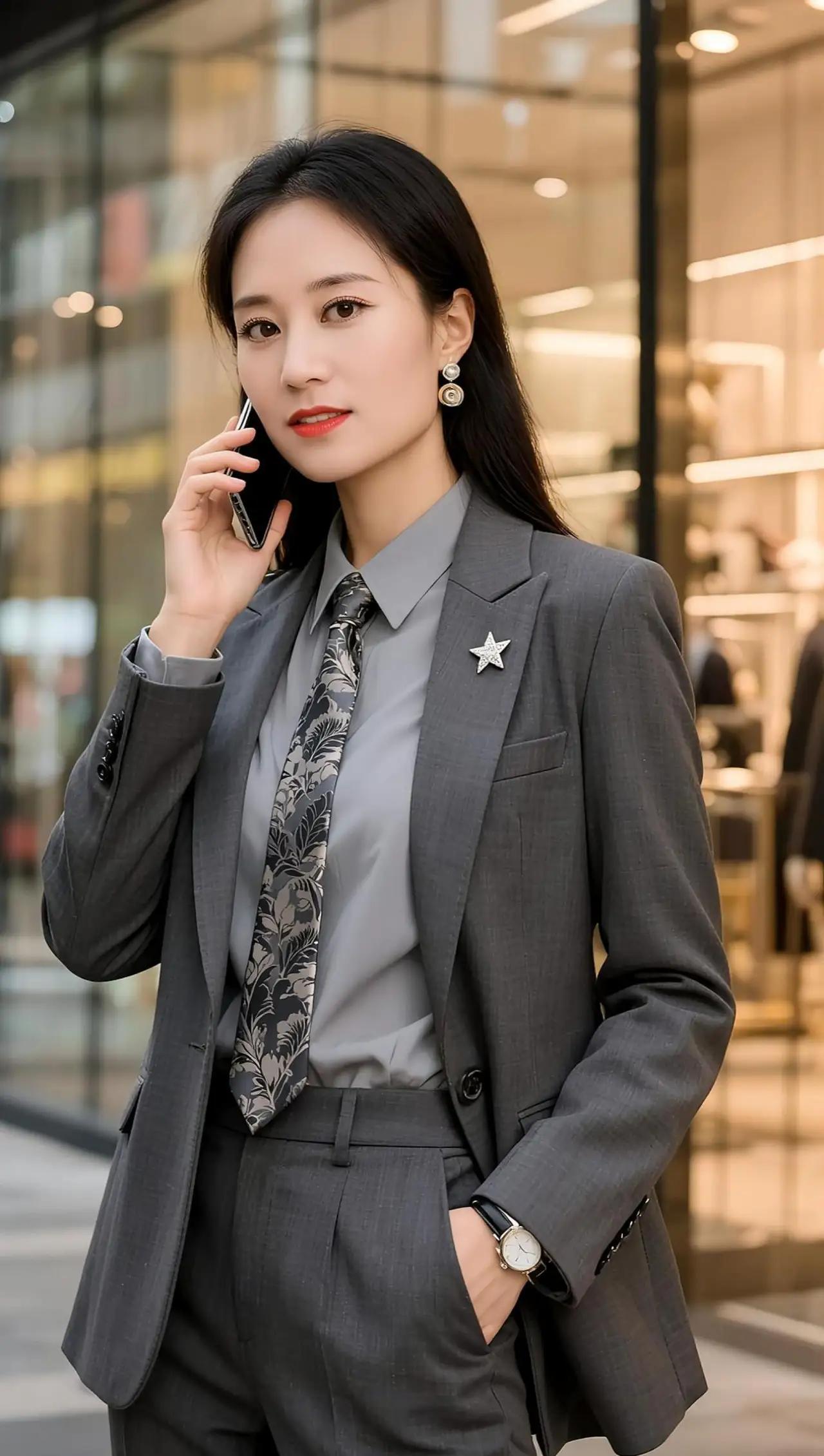 都市女强人风范，灰色西装搭配精致耳环，自信满满！💼👠✨