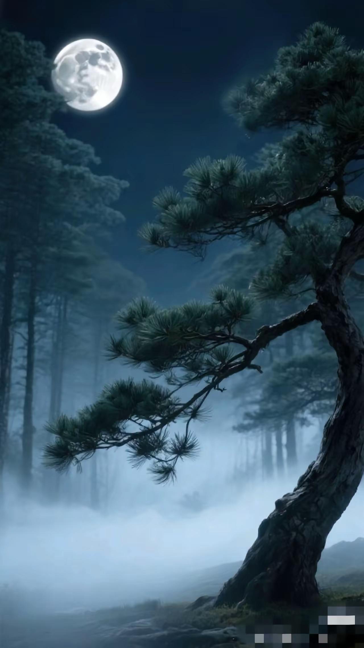 月光下的松林，静谧而神秘，仿佛置身于仙境。