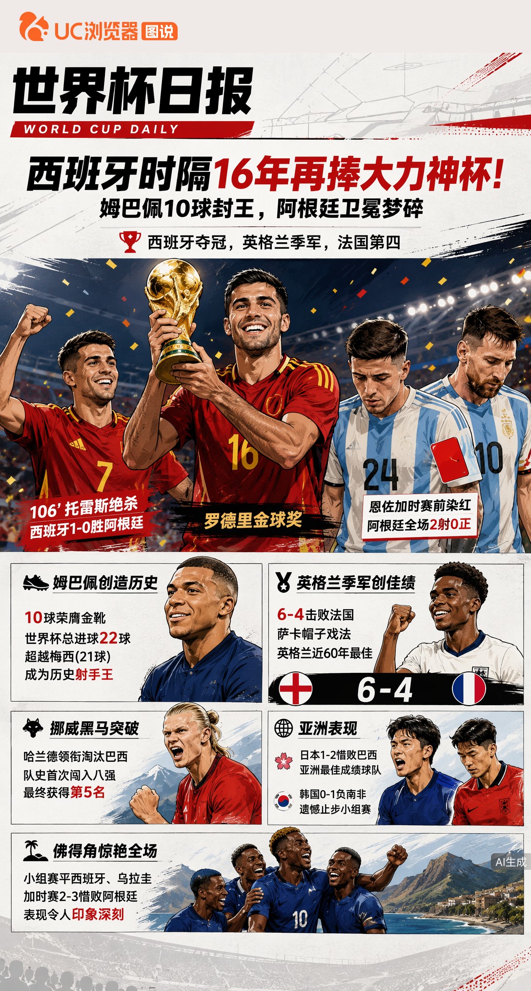 西班牙时隔16年再捧大力神杯！姆巴佩10球封王，阿根廷卫冕梦碎