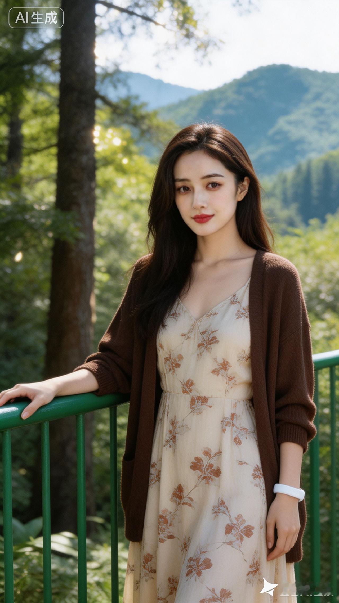 一个女孩站在栏杆旁，背景是山和树。