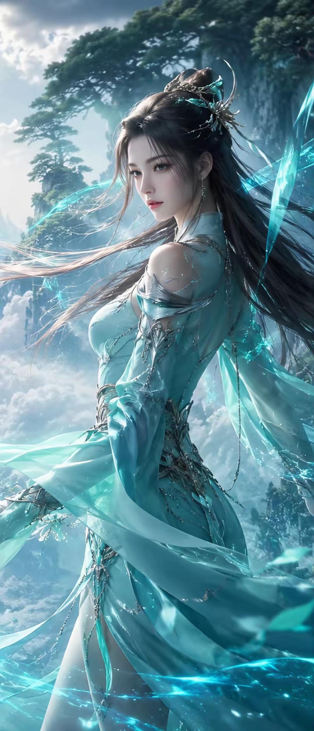动漫美女壁纸～动青衫裁松影，紫裙笼烟霞，翠衣缀金纹，冰绡揽云华。衣袂携灵风漫卷，
