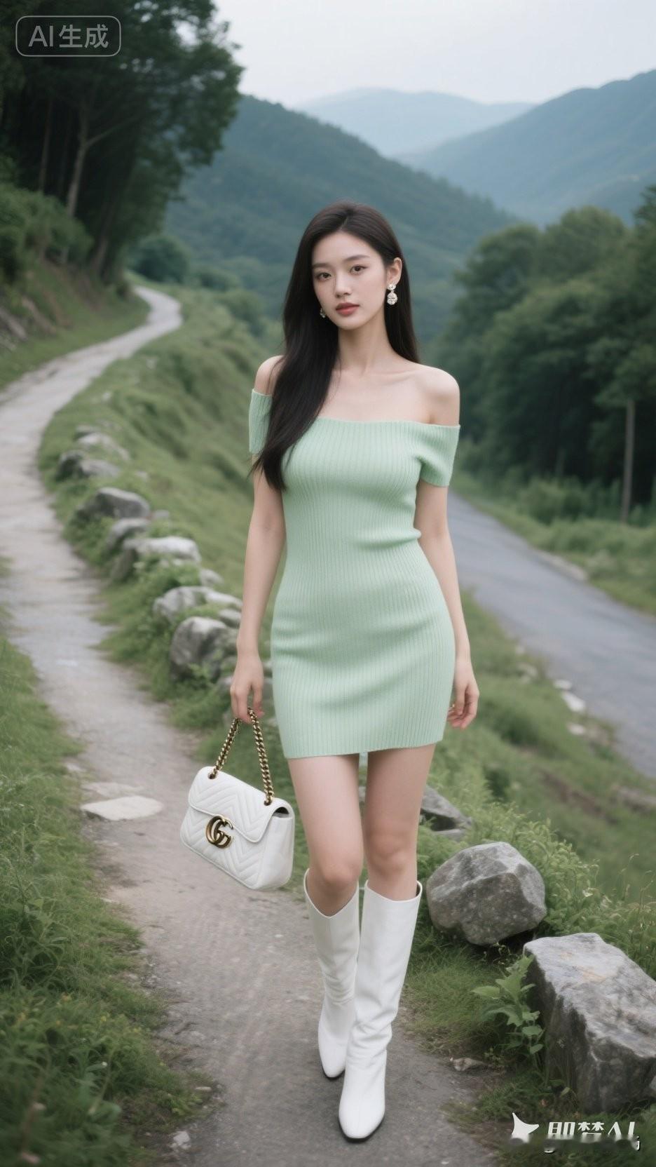清新绿裙少女，漫步山间小路，自然与时尚的完美结合！