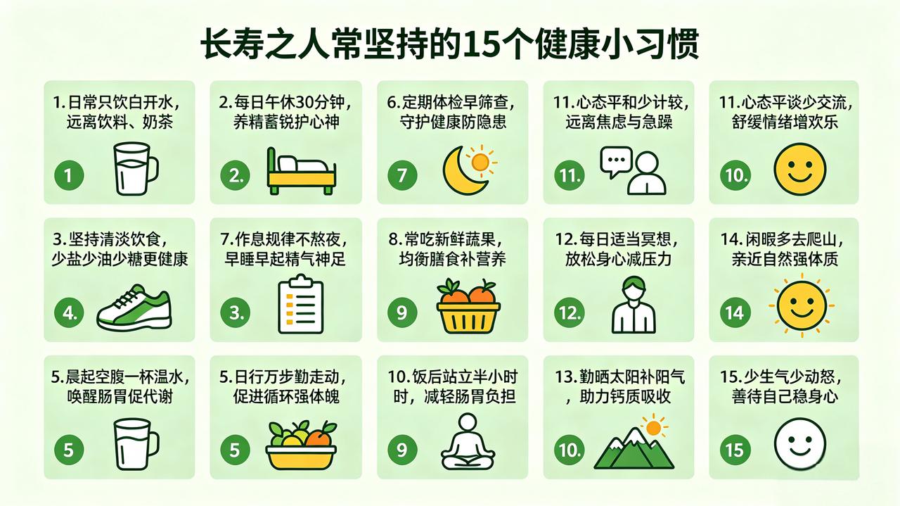 长寿之人常坚持的15个健康小习惯1. 日常只饮白开水，远离饮料、奶茶！