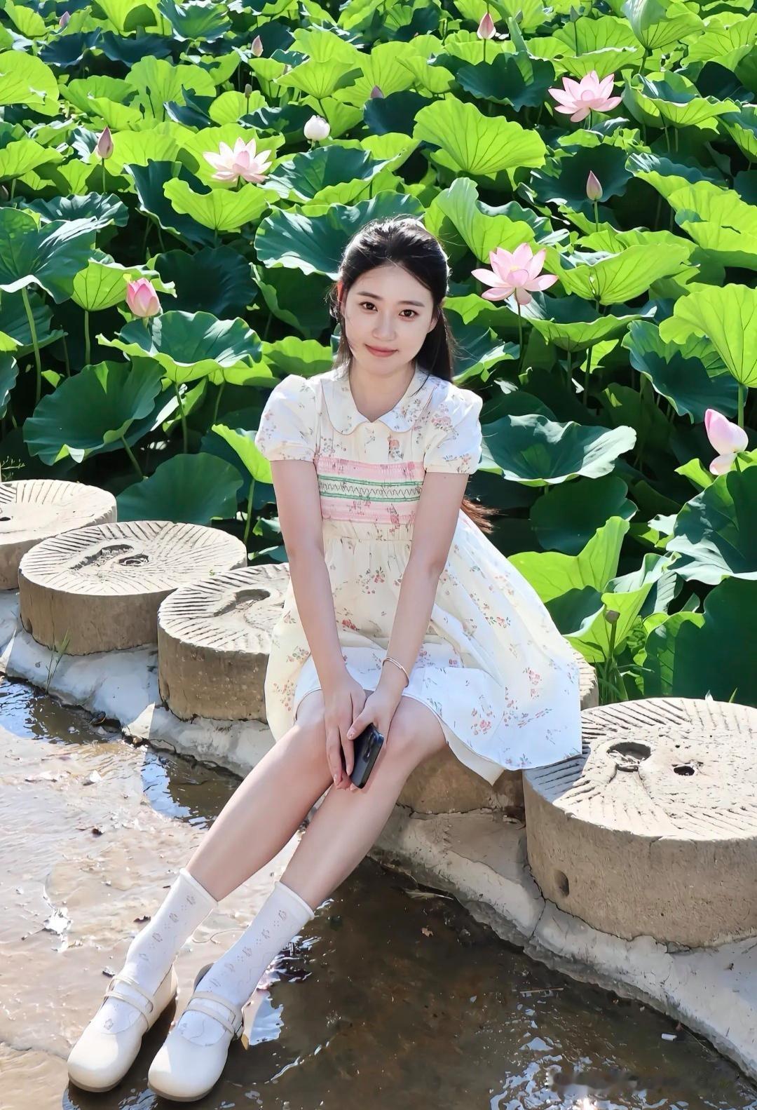 夏日荷塘里的少女，粉荷相映，清新动人。