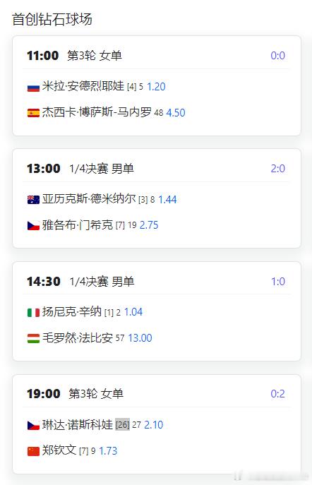 中网女子29日赛程，钻石球场迎来郑钦文复出第2场比赛。钻石球场19:00[