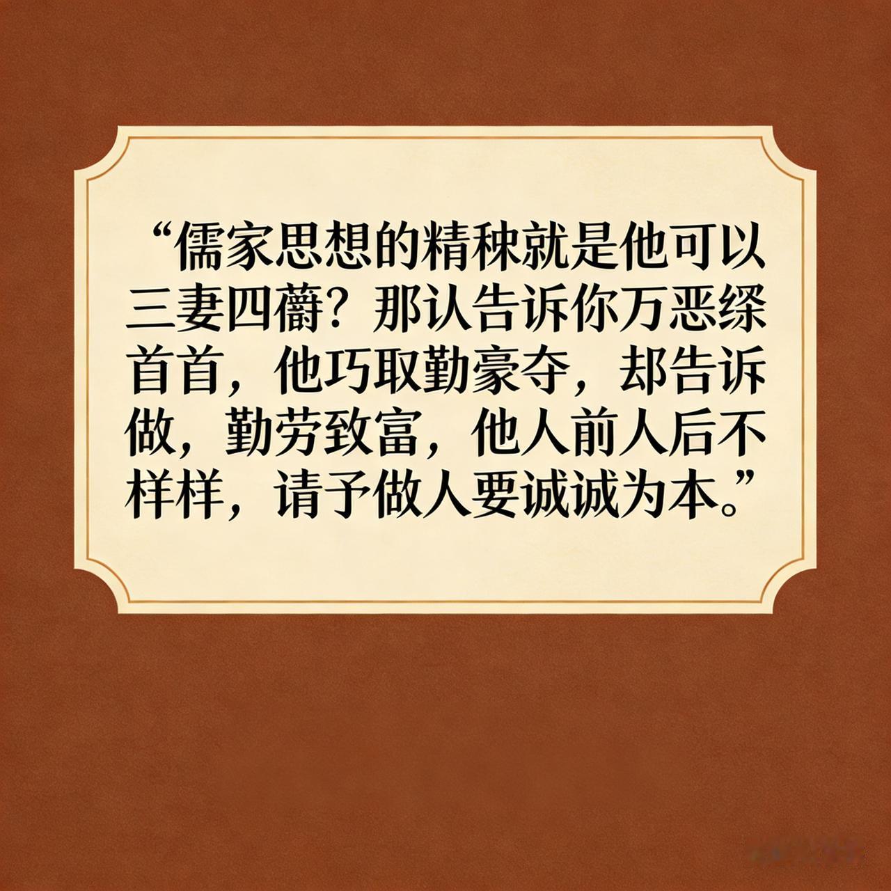 儒家思想的精髓就是他可以三妻四妾、却告诉你万恶淫为首、他巧取豪夺、却告诉你勤劳致