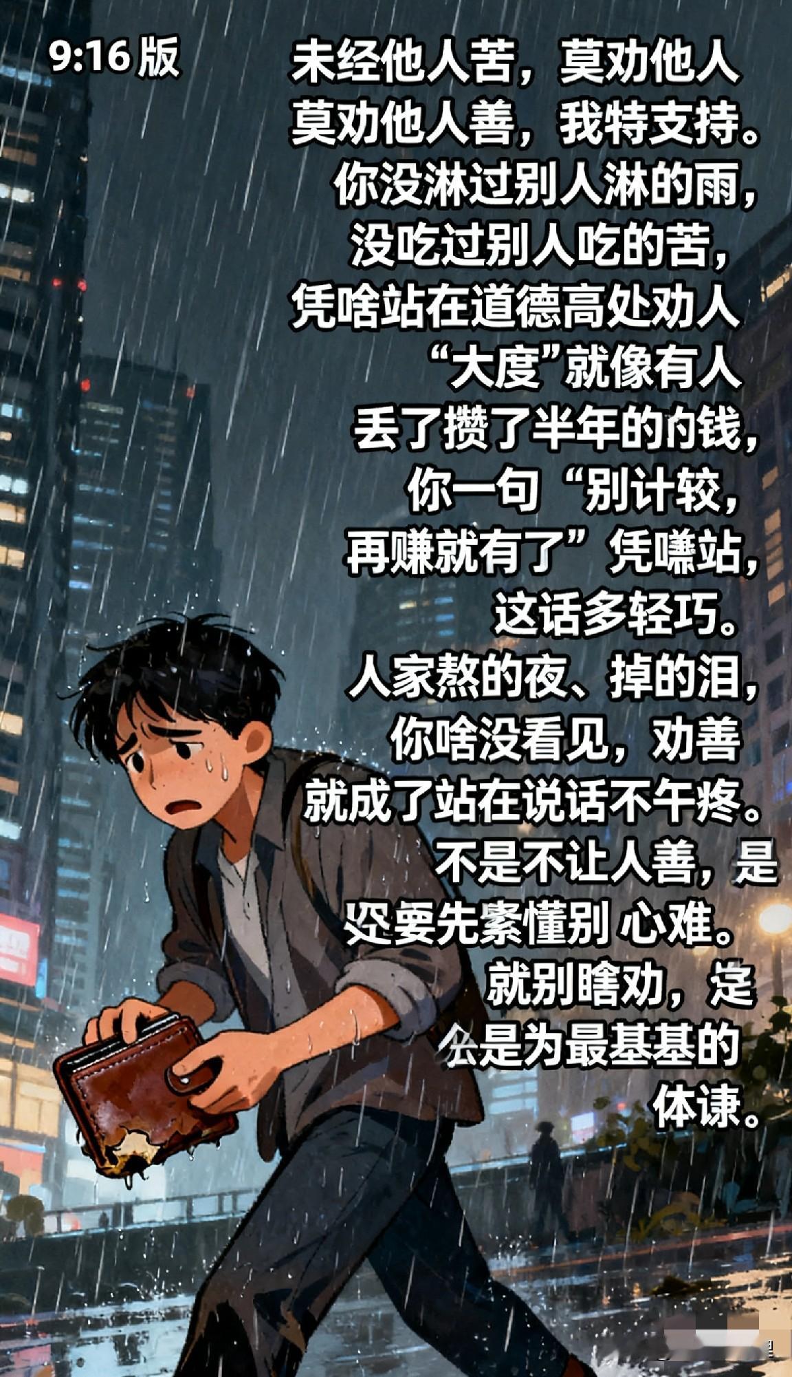 你没淋过别人淋的雨，没吃过别人吃的苦，凭啥站在道德高处劝人“大度”？就像有