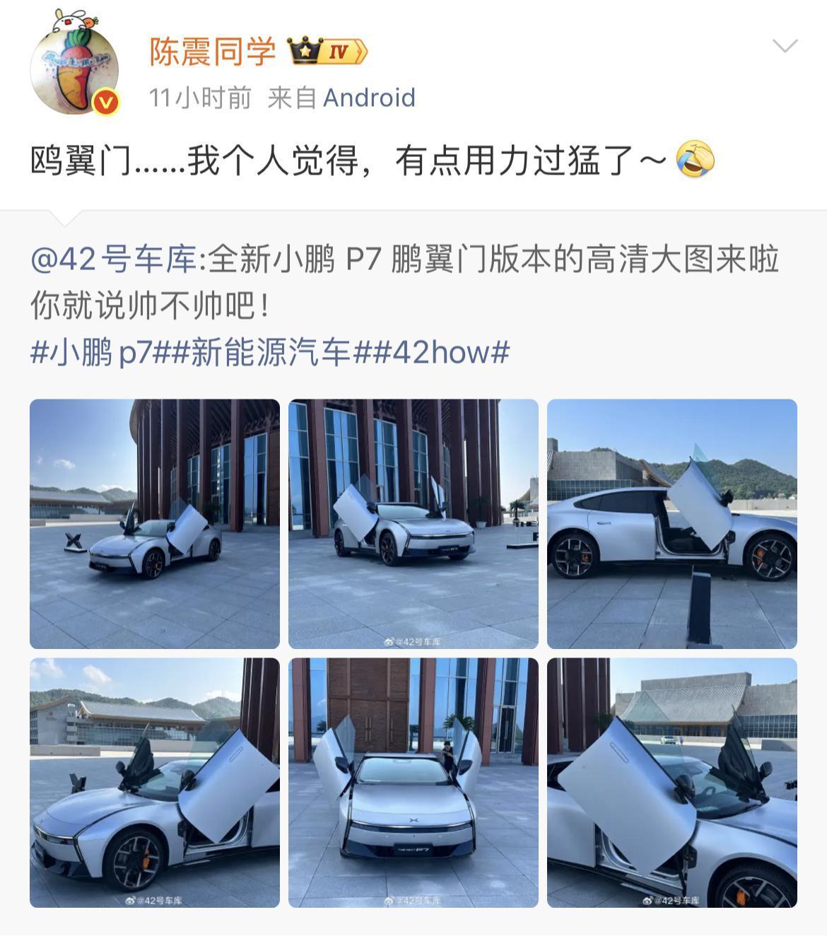三位大V对小鹏P7鹏翼门的看法。陈震和袁启聪意见一致，觉得“用力过猛”、“太显