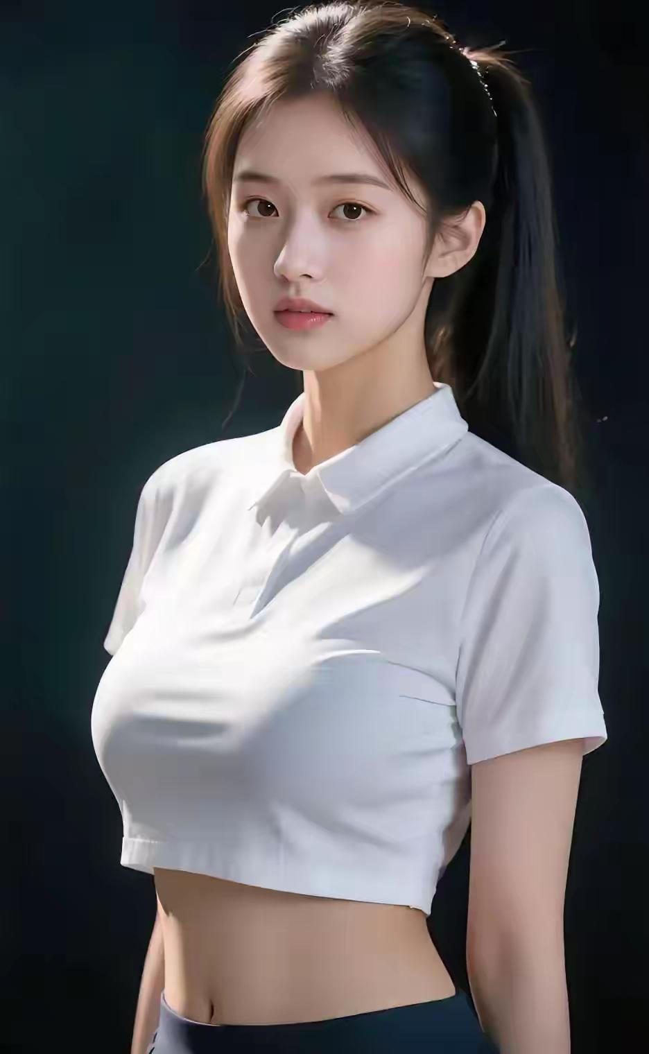 马尾轻扬映俏颜，白衫短袖衬娇鲜。身姿窈窕青春绽，恰似繁星耀夜天。