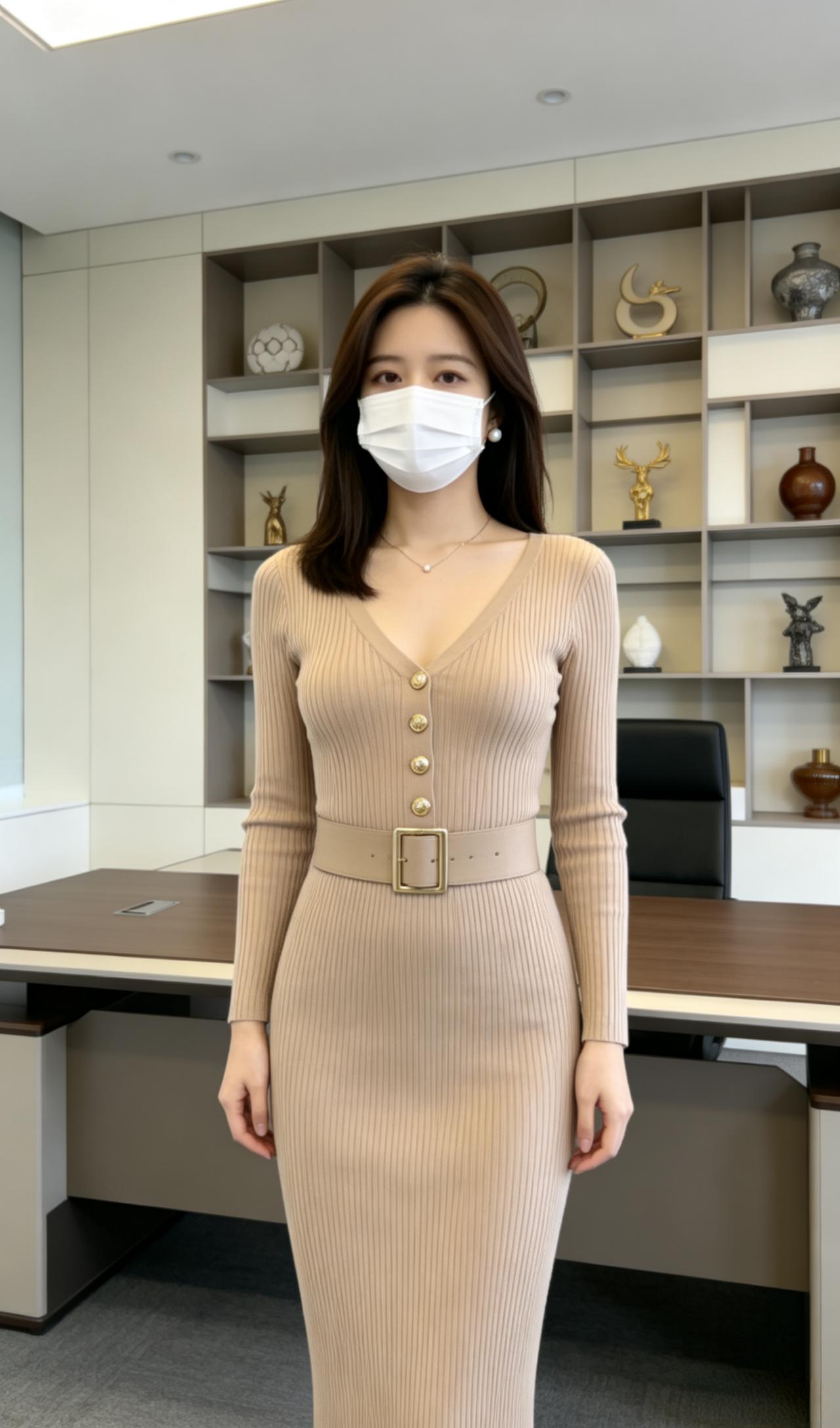 茶色坑条针织连衣裙，修身的竖坑条曲线衬得格外柔和，整体温柔又显贵，很适合上班