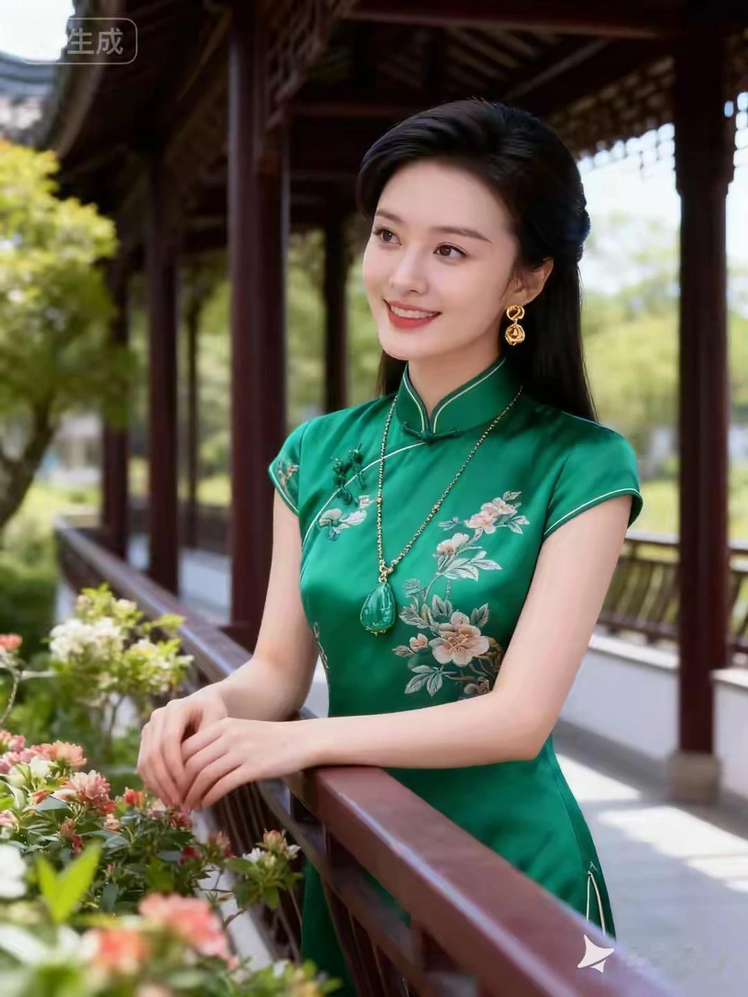 她倚在朱栏旁，翠缎亮影诗意。纤腰楚楚随风摆，丽姿翩翩入梦来。