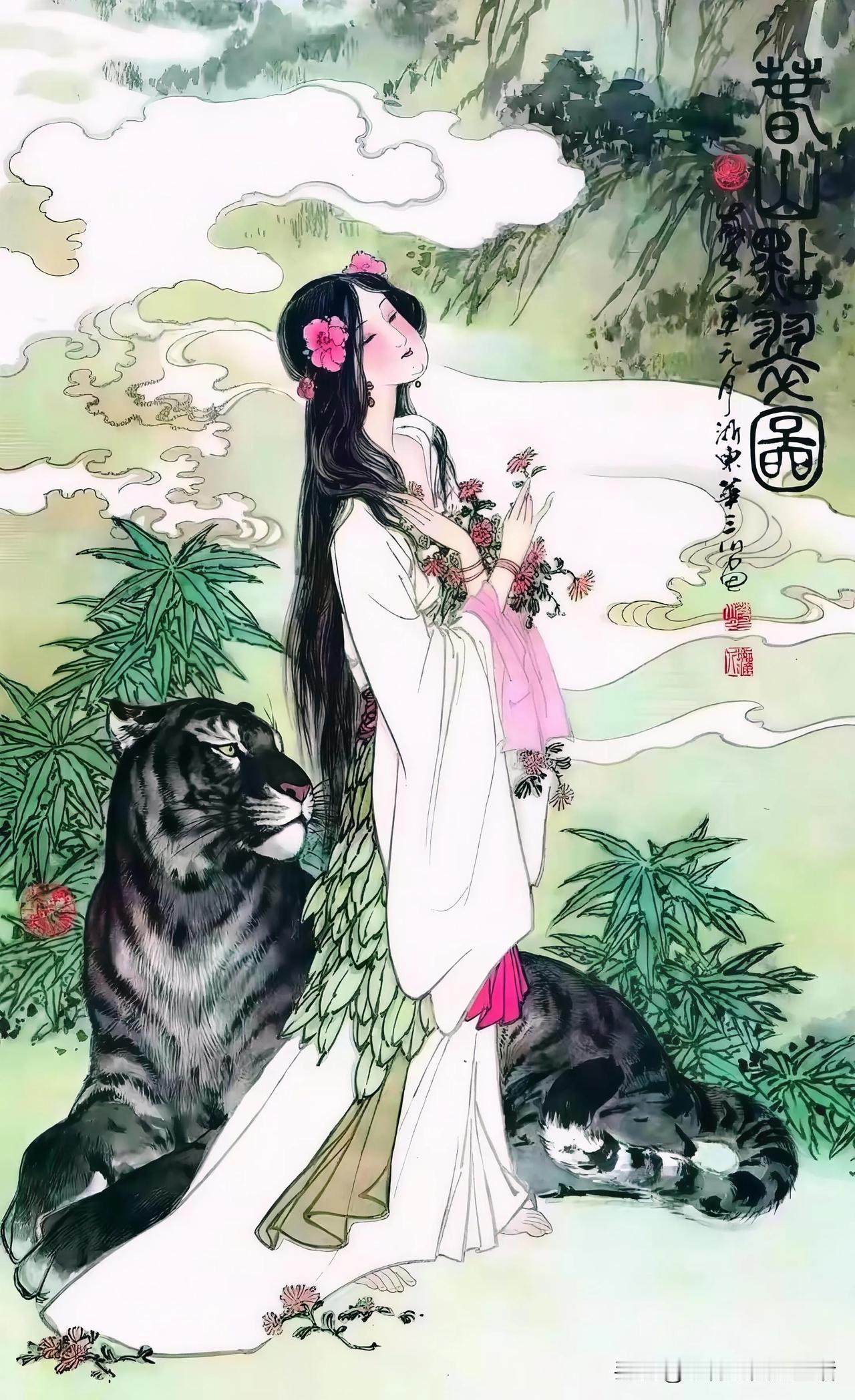 昔日年画欣赏古风少女插画少女插画风老虎图古风插画图国风美女插画