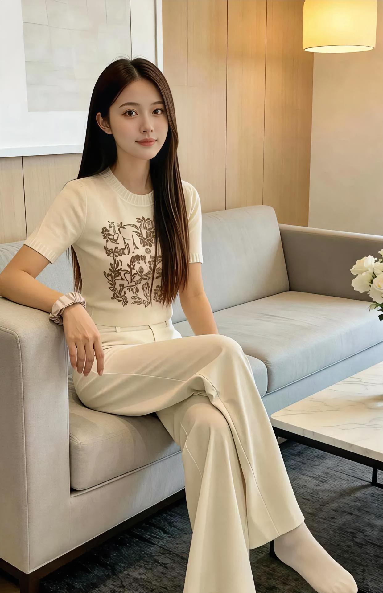 《米色时光里的静谧诗行》暖光轻洒，木色墙畔，她坐在灰蓝沙发的柔软里。