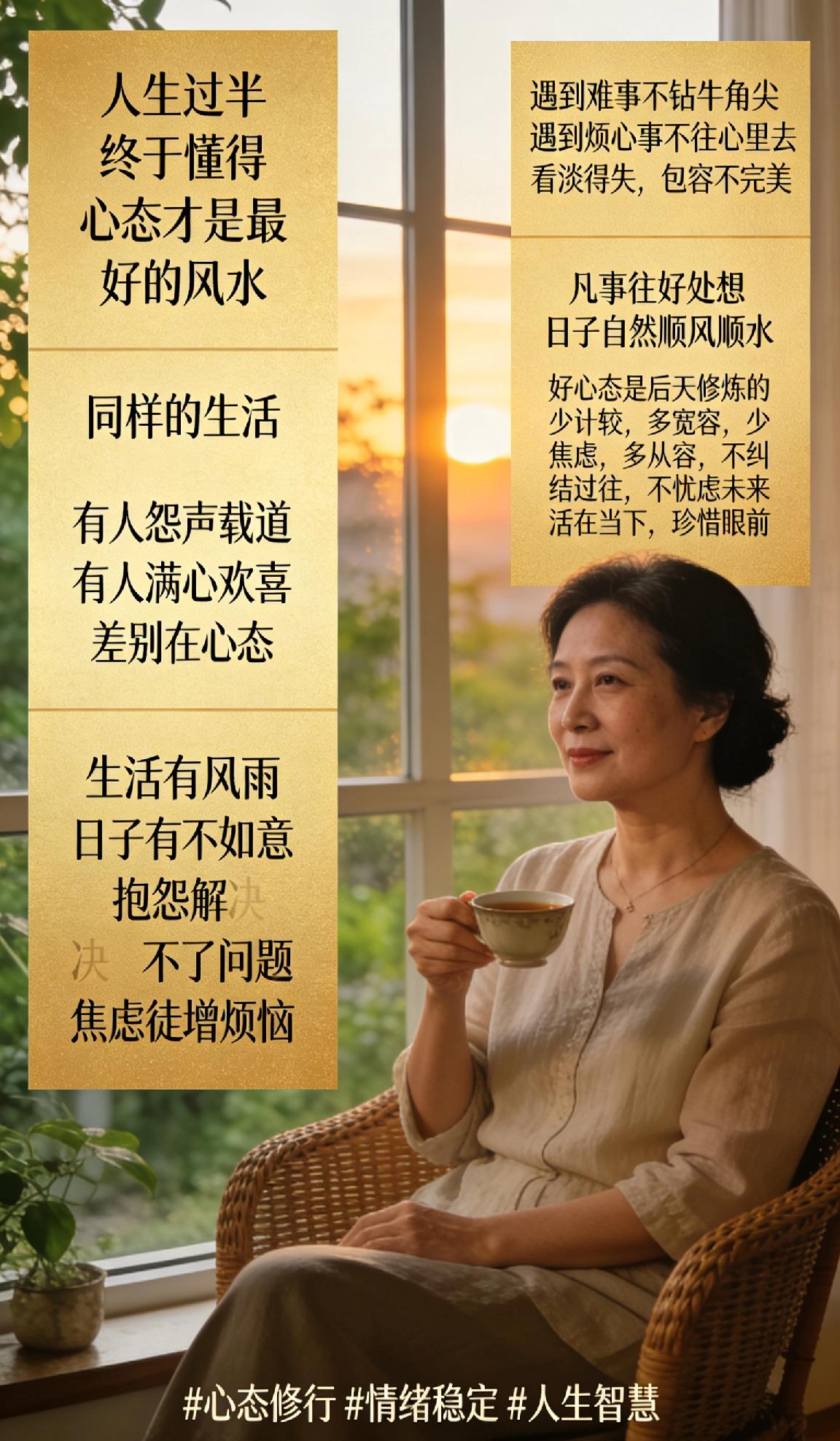 人生过半，终于懂得，心态才是最好的风水。同样的生活，有人过得怨声载道，有人过得满