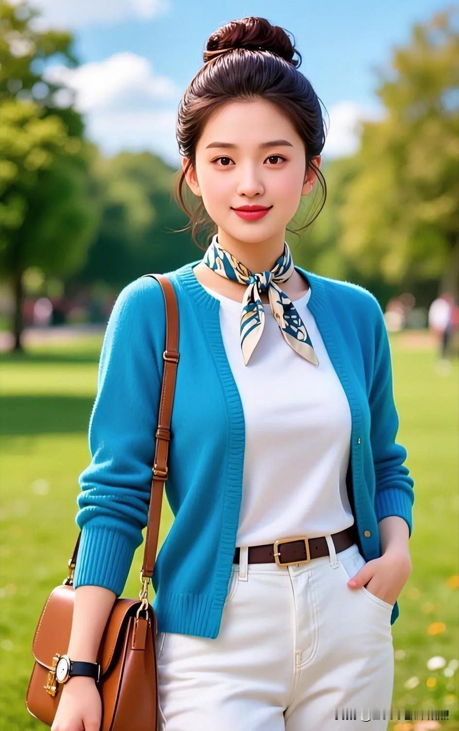 发现美蓝衫系丝巾，笑意盈盈，春风十里不如你。