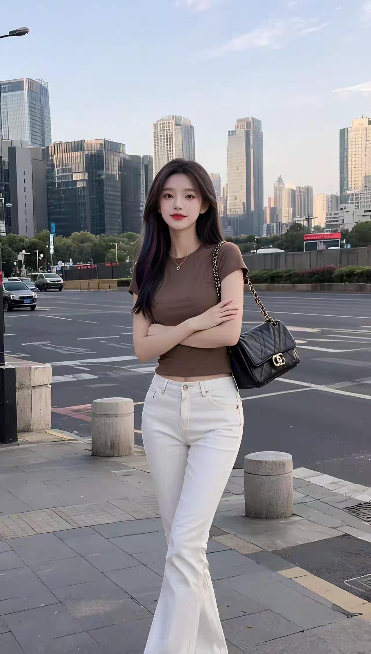 都市街头穿搭指南：时尚棕T恤+白裤，自信满满！👗👠💄