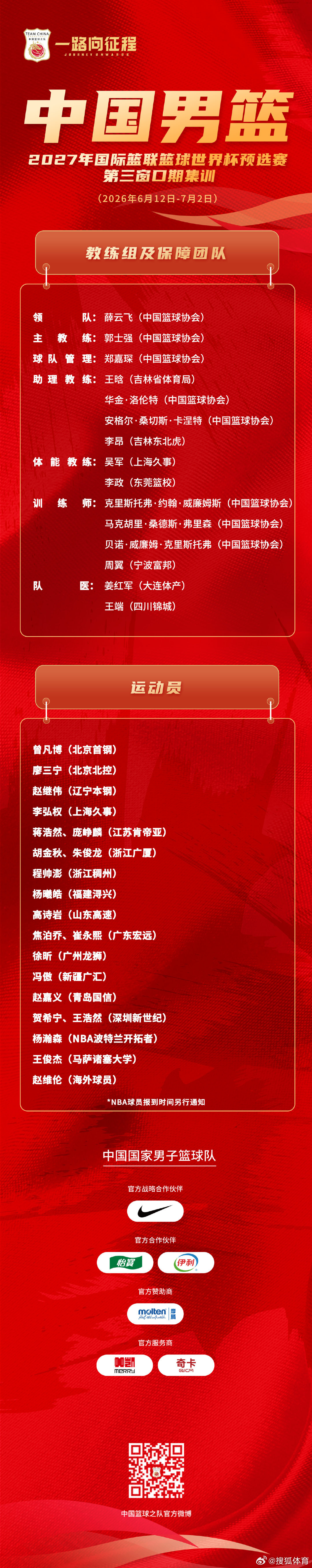 中国男篮公布了21人的集训大名单，中国男篮计划于6月12日至7月2日...