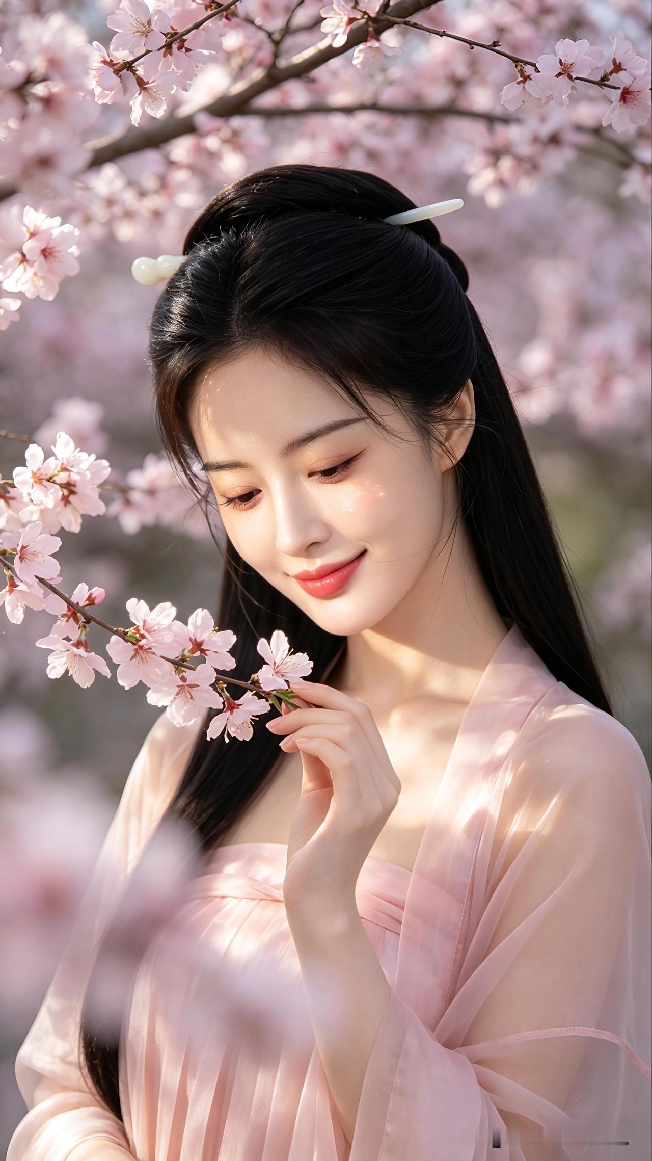 春日樱花雨下，粉衣少女轻嗅花枝，眉眼弯弯似在说：这人间春色，只为你我一人绽放。春