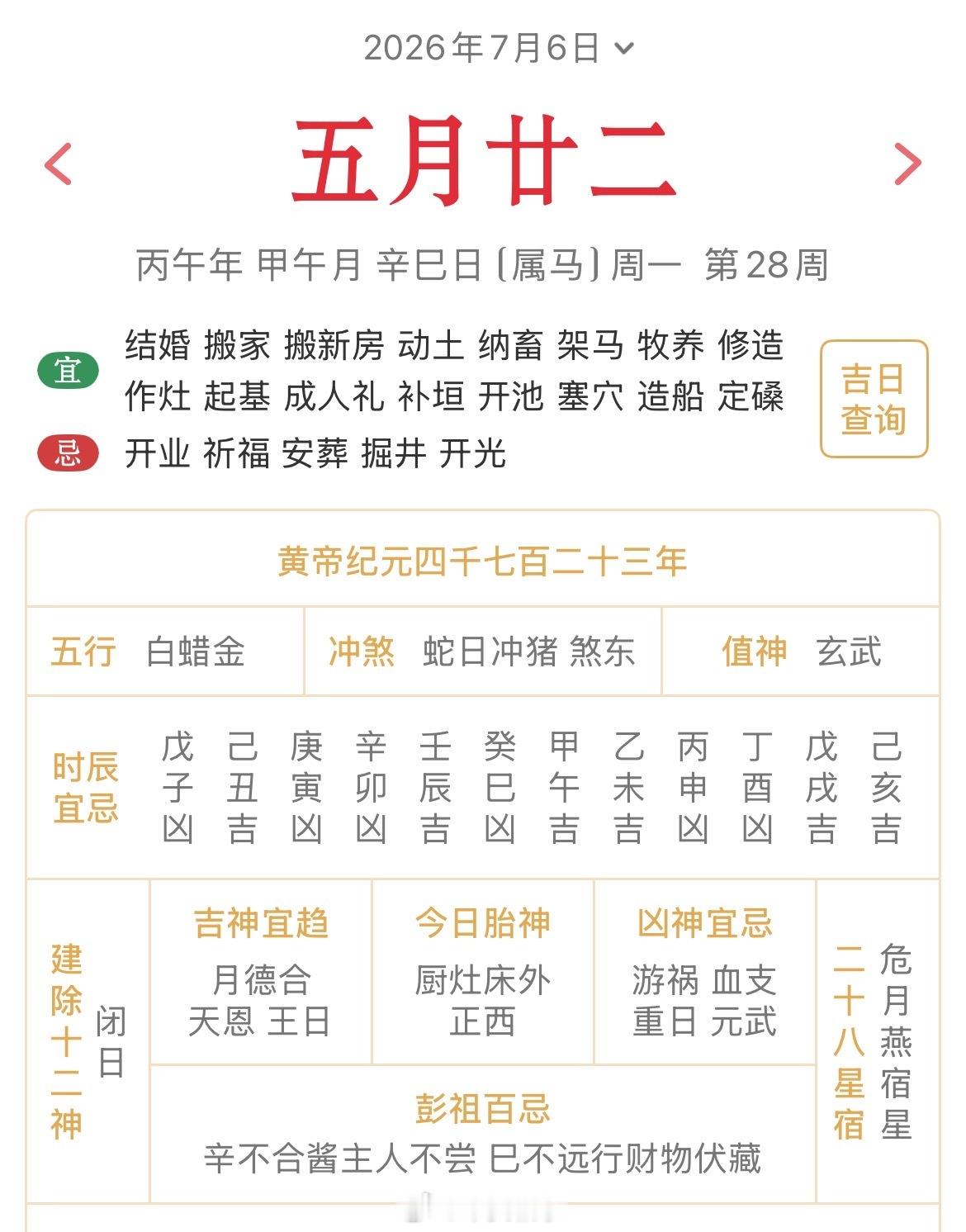 十二生肖每日简运仅供参考2026.7.6丙午年甲午月辛巳日辛巳天克地冲乙亥：八