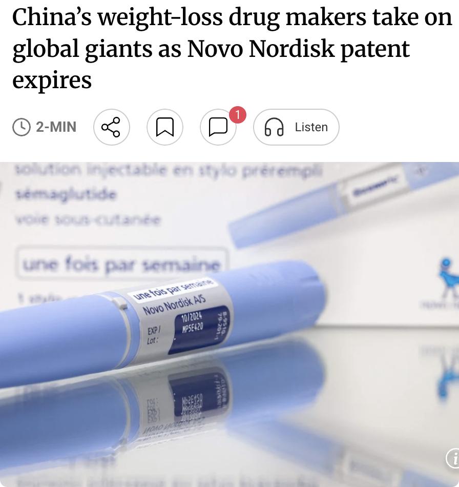 外媒：诺和诺德的重磅减肥药司美格鲁肽于3月20日在中国失去专利保护，为中国本土药