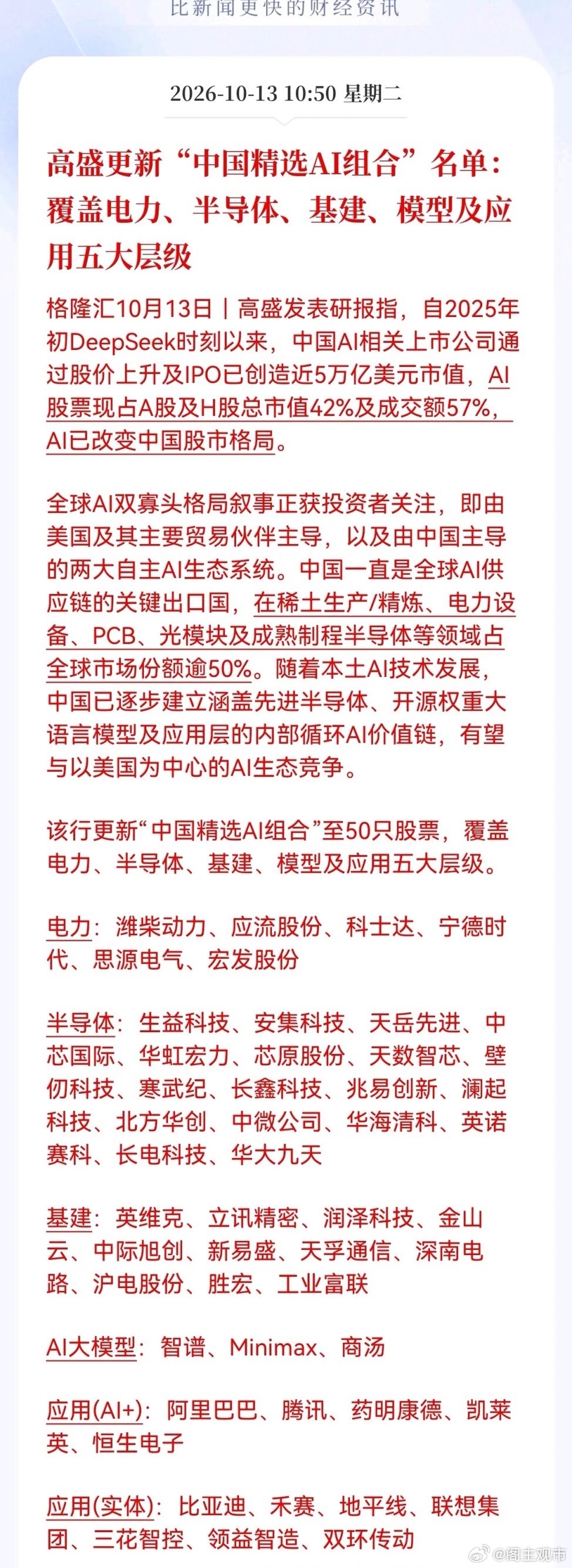 好消息！重大利好消息！Al重大利好消息！高盛更新"中国精选AI组合"名单：覆盖电力、半导体、基建、模