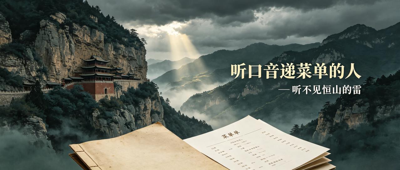 听口音递菜单的人，听不见恒山的雷八月底的浑源，恒山云线压低，悬空寺的檐角挂着