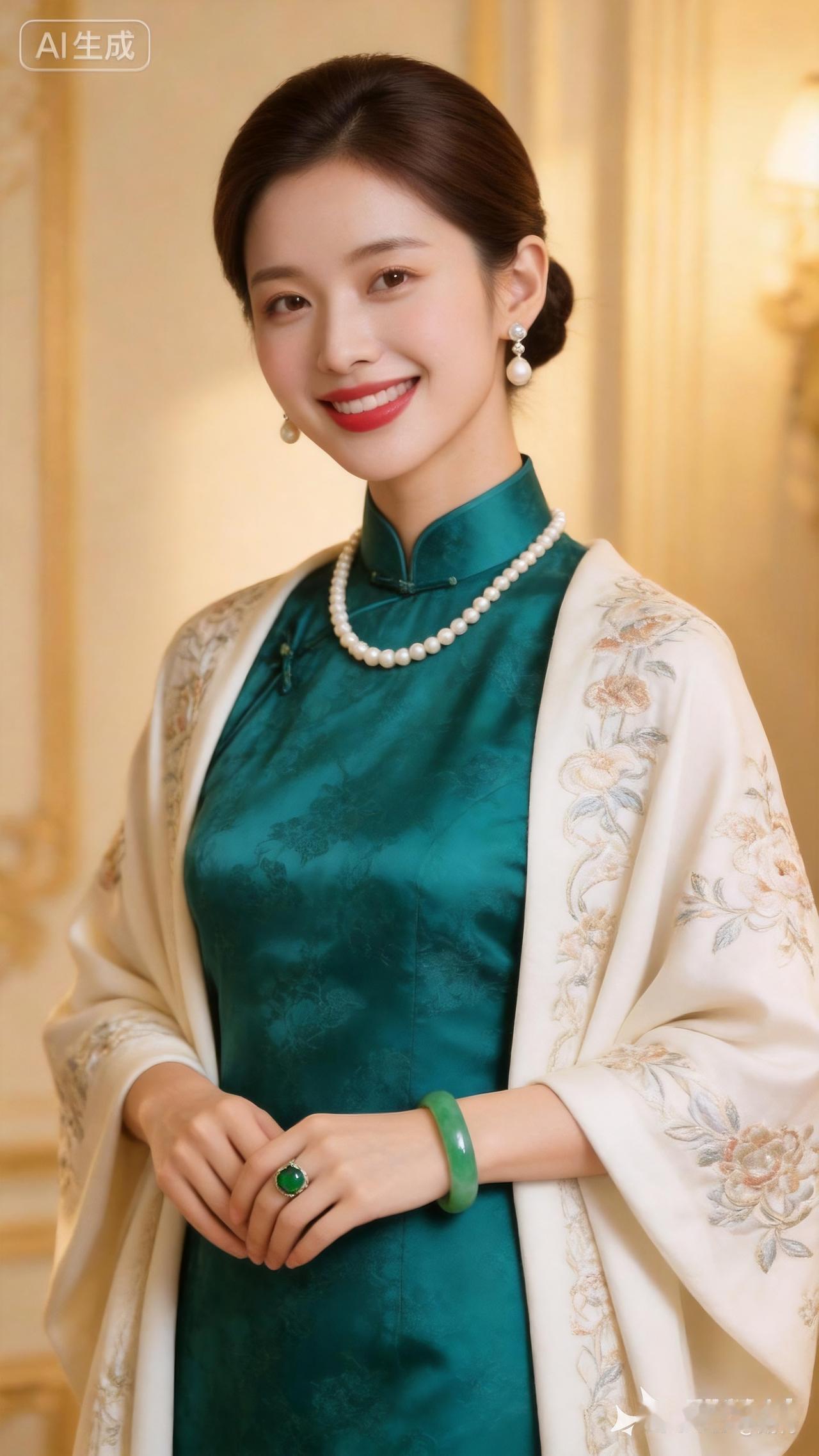 优雅东方美，绿宝石的璀璨与古典旗袍的完美融合，尽显东方女性的魅力。