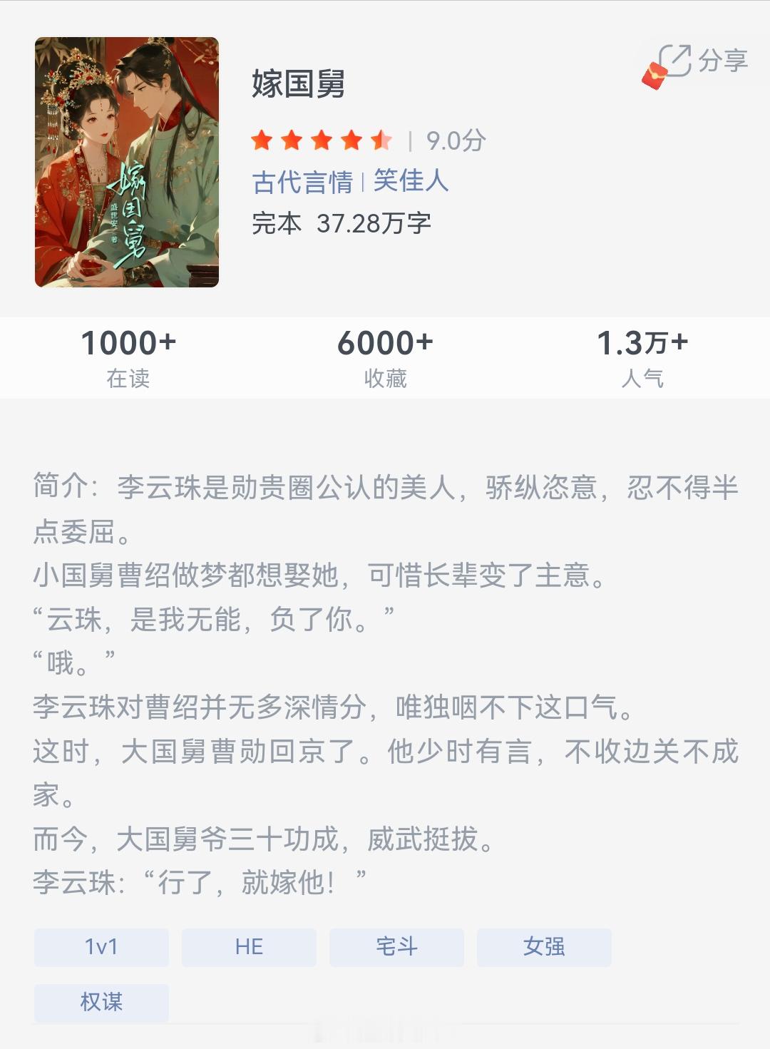 《嫁国舅》作者：笑佳人李云珠是勋贵圈公认的美人，骄纵恣意，忍不得半点委屈。小国舅