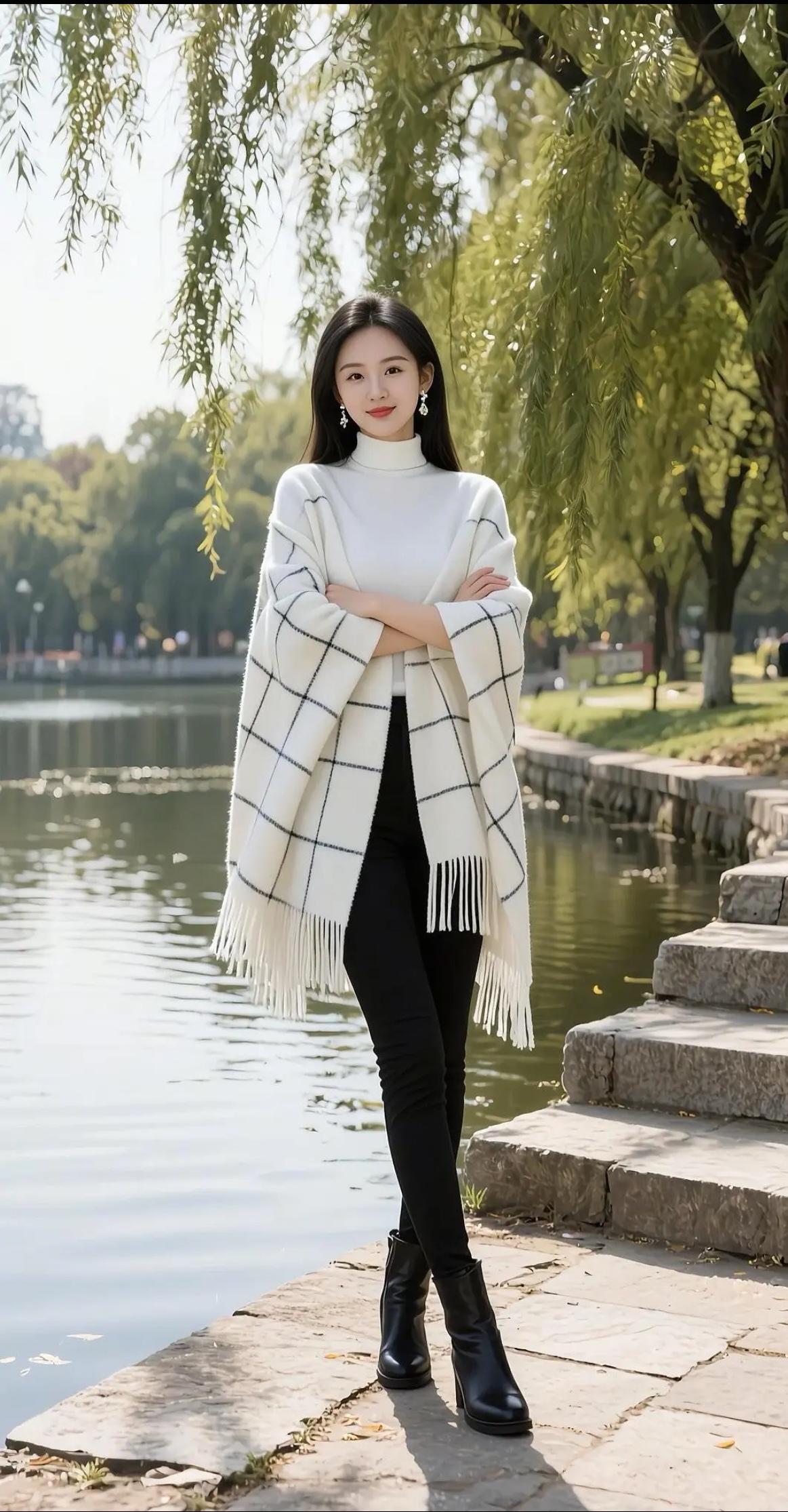 水边美人倚，轻纱拂碧波。