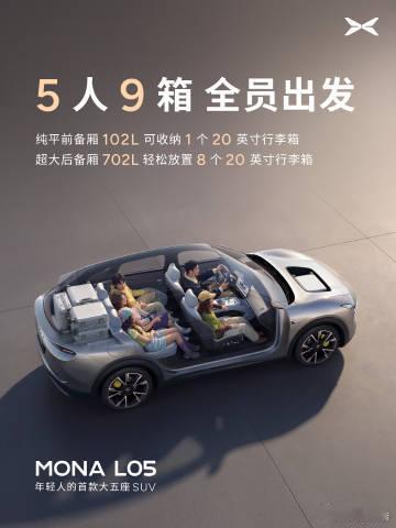 小鹏MONAL05将于10月15日预售发布小鹏MONAL05定位年轻人的首款大五座SUV，将于10月