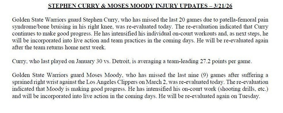 勇士官方发布库里和穆迪伤情情况，好消息都即将复出！金州勇士队后卫斯蒂芬库里因右膝
