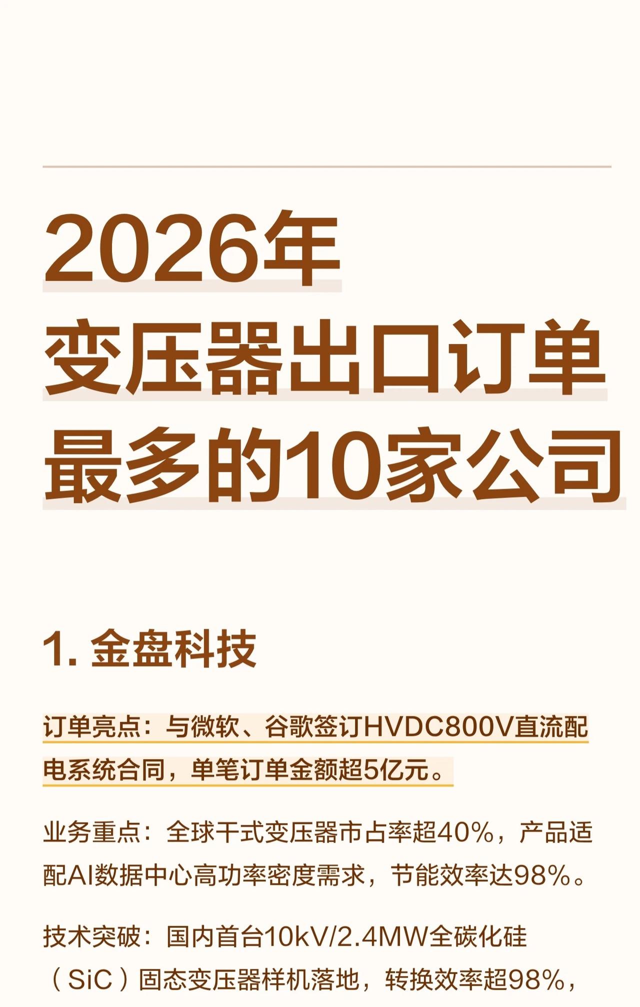 2026年变压器出口订单最多的10家公司概览金盘科技：与微软、谷歌签HV
