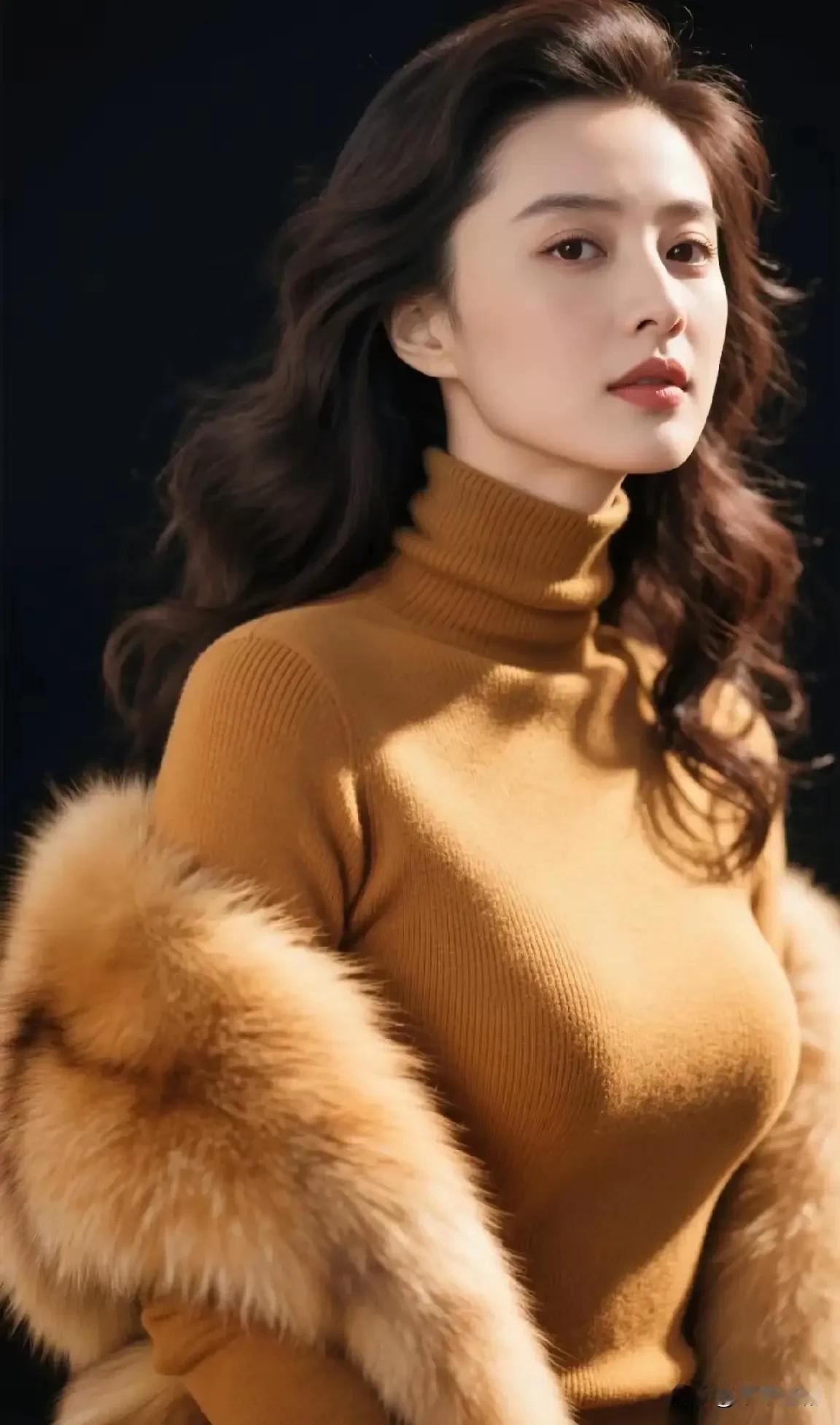 女人最美是气质还是最美的是善良?暖棕针织裹着温软，狐毛肩角落了层轻绒的光。卷发