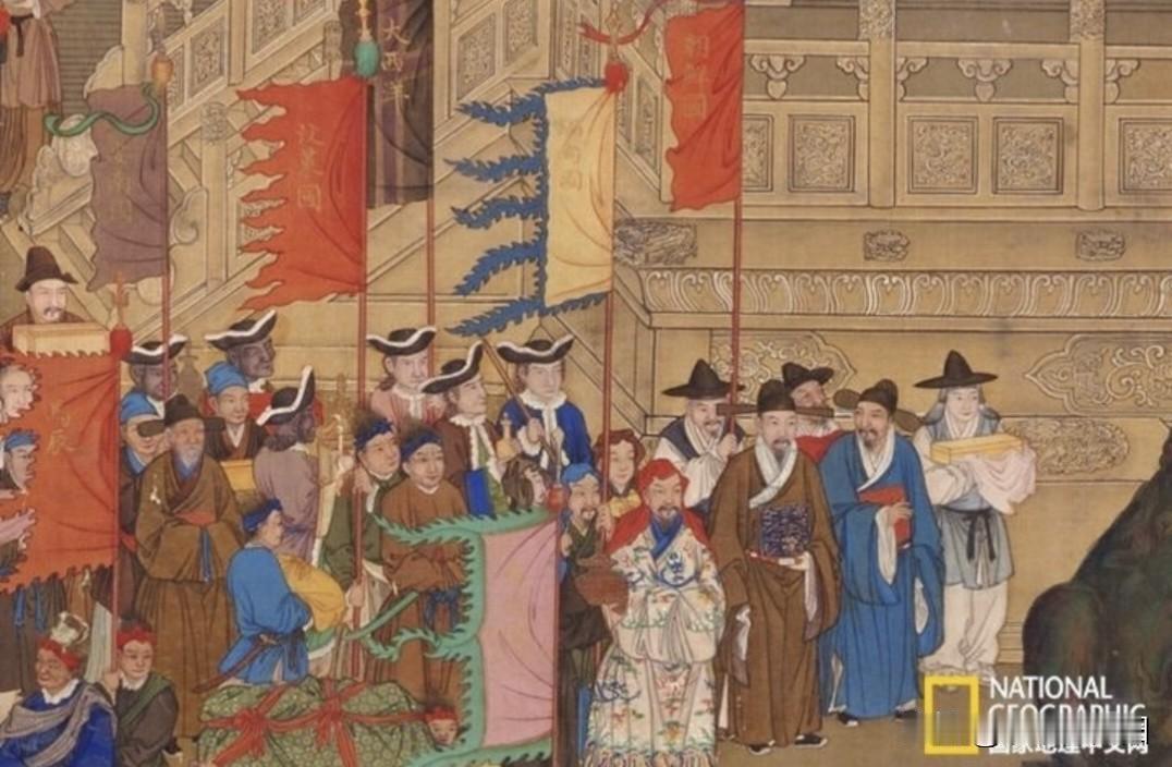 这是清朝乾隆帝时代(18世纪）绘制的《万国来朝图》。这幅画描绘了世界各国使节为