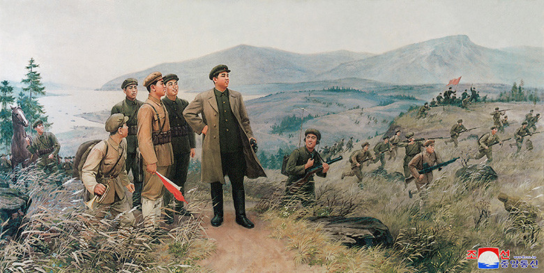 朝鲜老版宣传画：伟大领袖金日成同志亲自指导合作作战训练