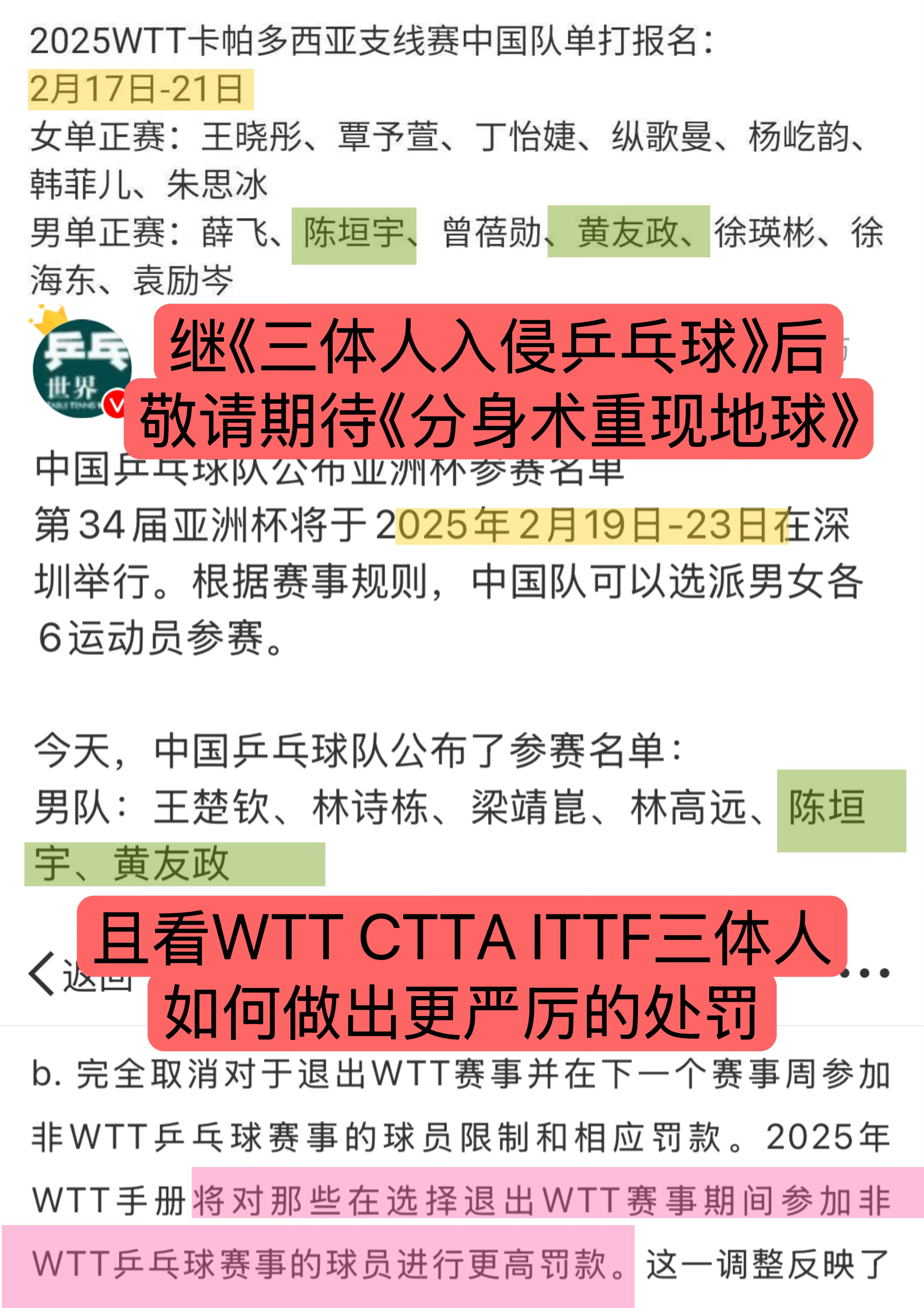 国乒亚洲杯参赛名单既然很早就报名了WTT支线赛，所以明知冲突且有更高处罚的前