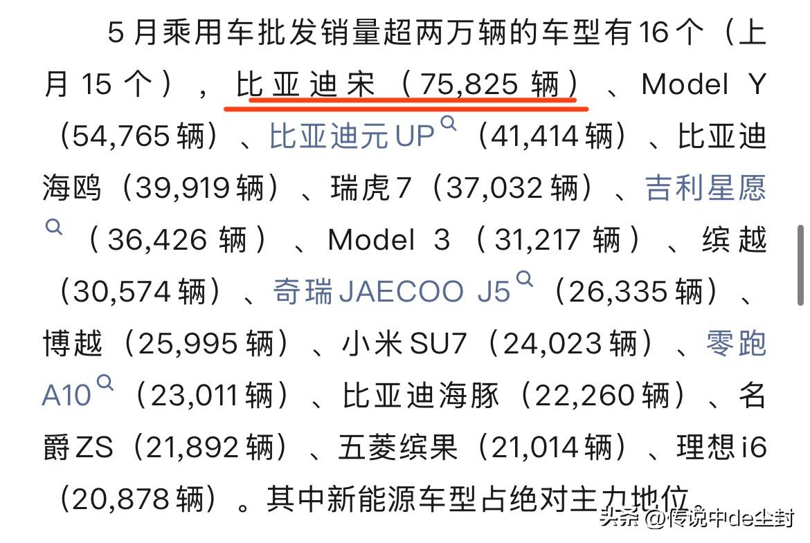 5月比亚迪宋的批发销量为75825辆。全品牌第一，不过这是整个宋家族的销量，