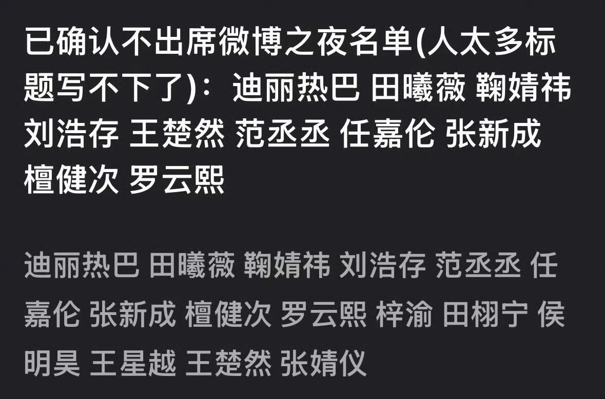 已知不去微博之夜的艺人：迪丽热巴田曦薇鞠婧祎刘浩存范丞丞任嘉伦张新成