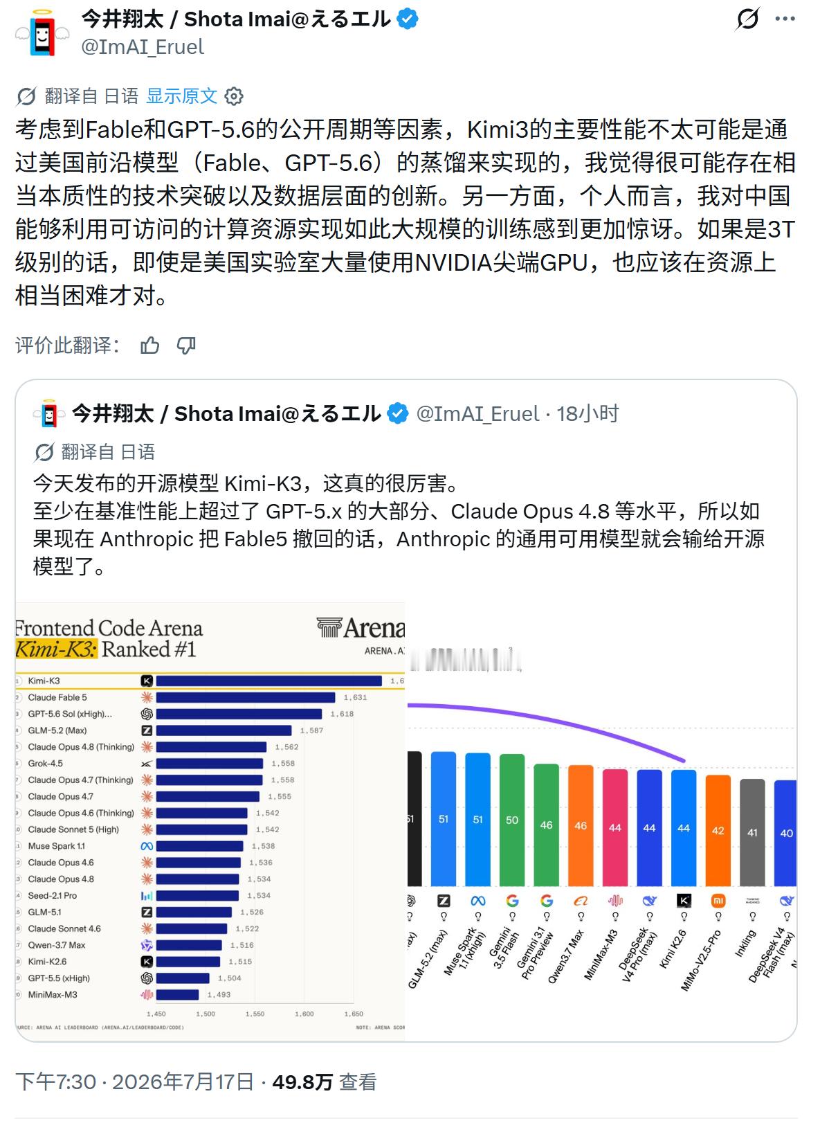 考虑到Fable和GPT-5.6的公开周期等因素，Kimi3的主要性能不太可能是