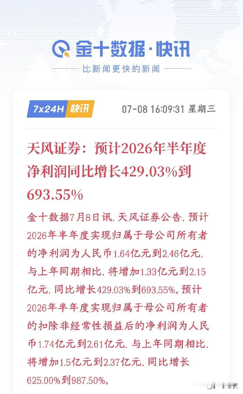 券商龙头公布业绩，简直炸裂，明天板块基本稳了天风证券发了半年业绩预告，2026