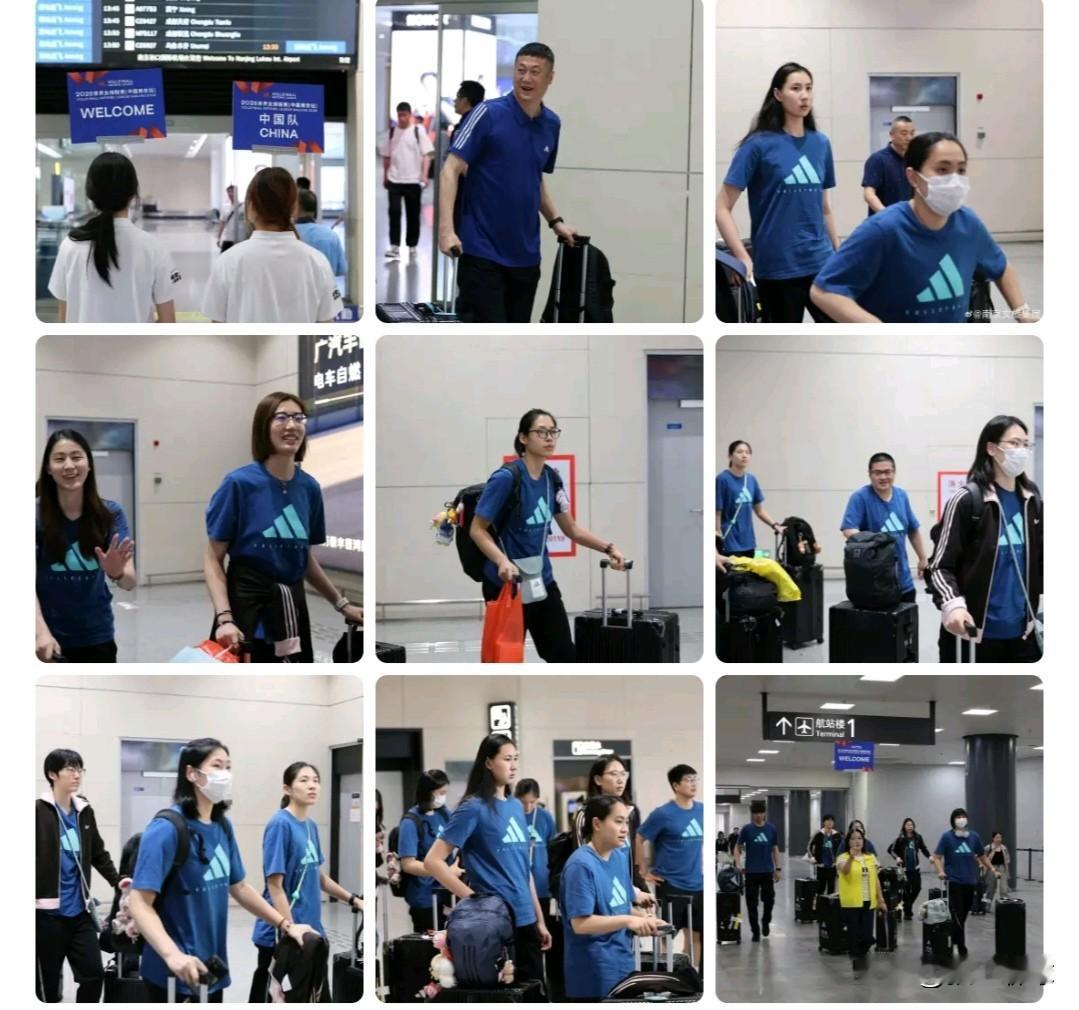 中国女排抵达南京✈️从图片中可看到的球员：周页彤、金佳宝、朱星辰、王媛媛、刁