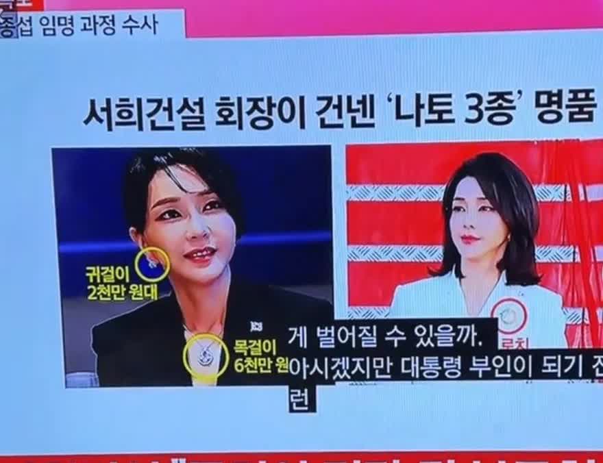 金建希收了很多别人送的礼物，据韩国媒体报道，她戴的那条项链价值6000万韩元（折